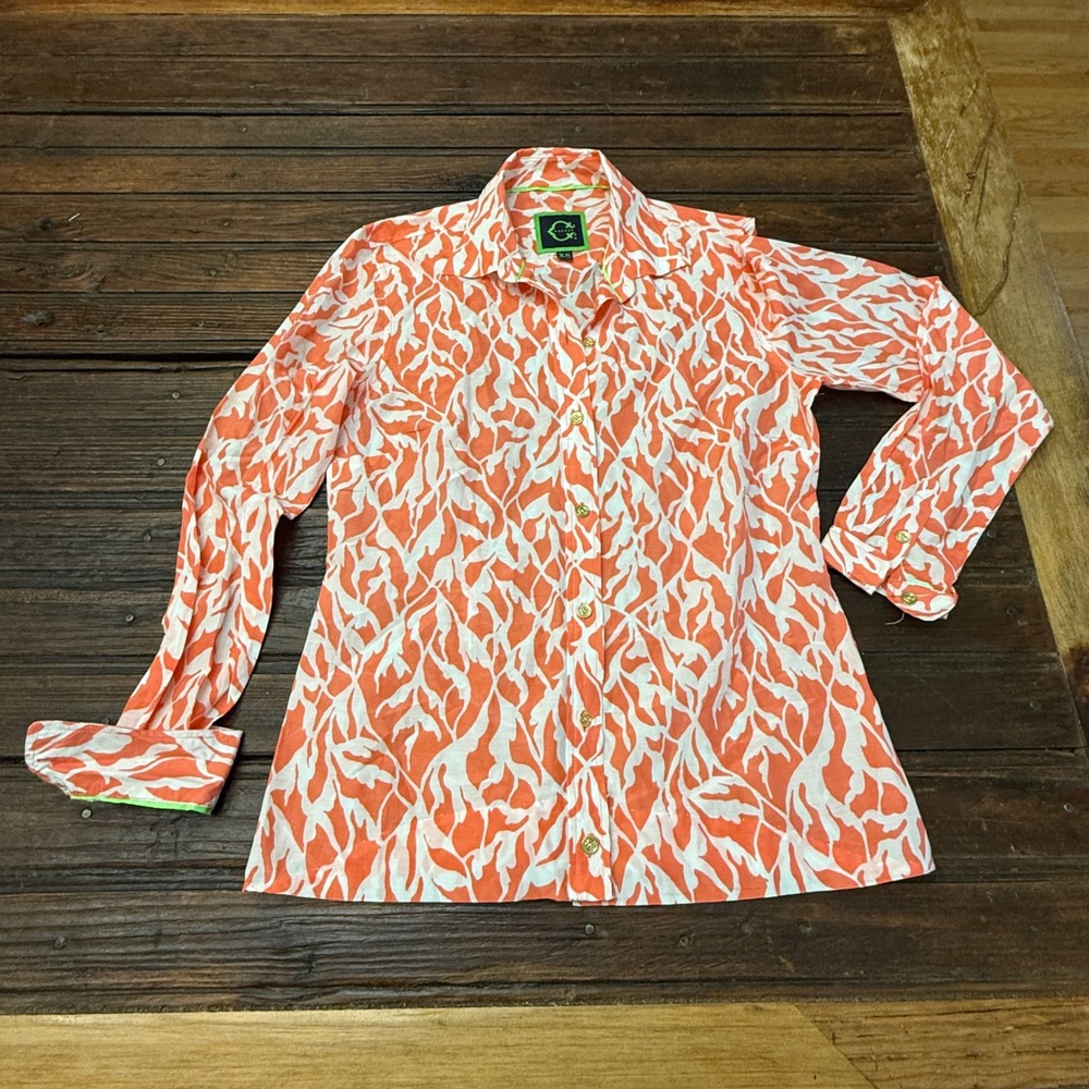 C Wonder Womens XS Orange White Abstract Print Gold Button Down Shirt Hemmed